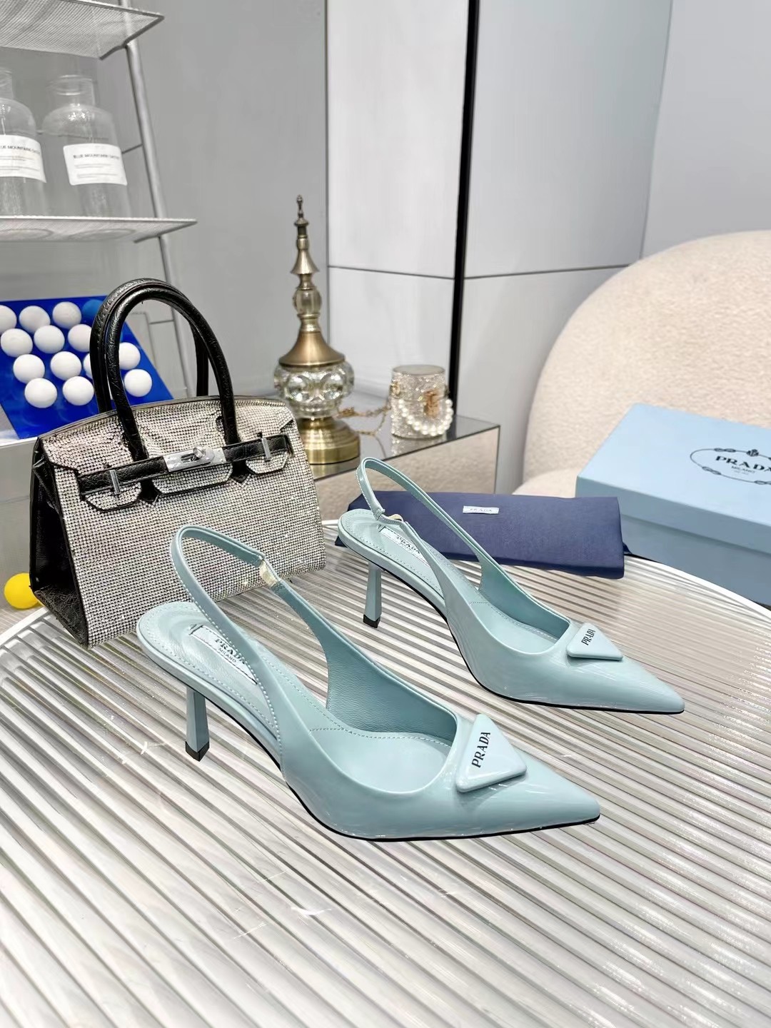 Bagsaaa Pra*a Leather Slingback Pumps Blue 7.5cm