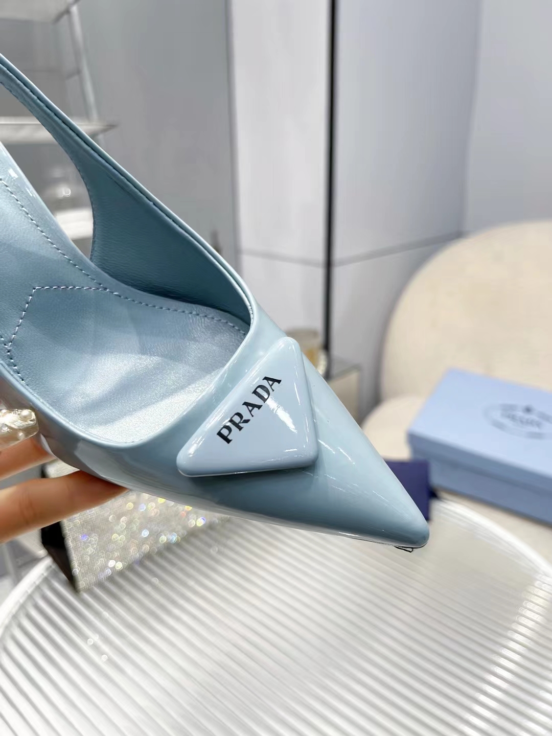 Bagsaaa Pra*a Leather Slingback Pumps Blue 7.5cm