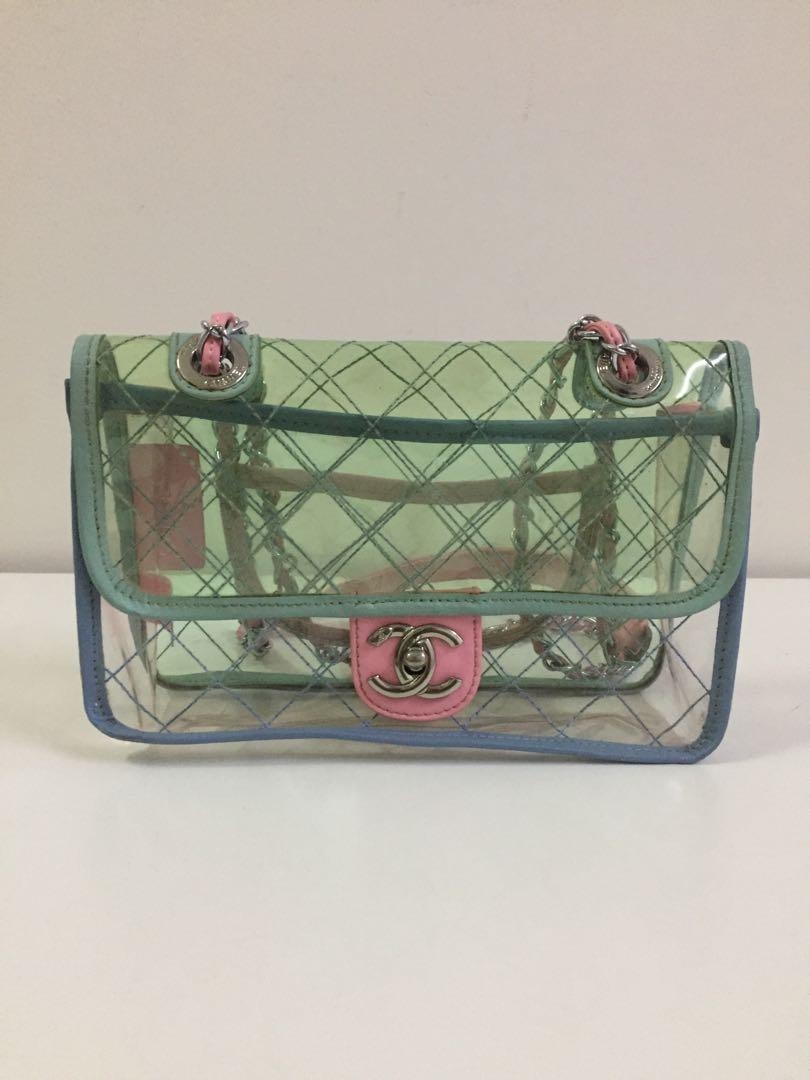 Bagsaaa Ch**el Flap Bag Transparent PVC/Lambskin Silver-Tone Blue/Green/Pink
