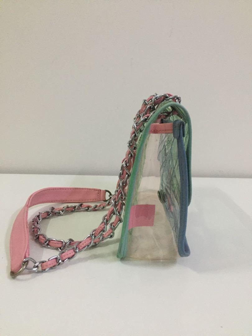Bagsaaa Ch**el Flap Bag Transparent PVC/Lambskin Silver-Tone Blue/Green/Pink