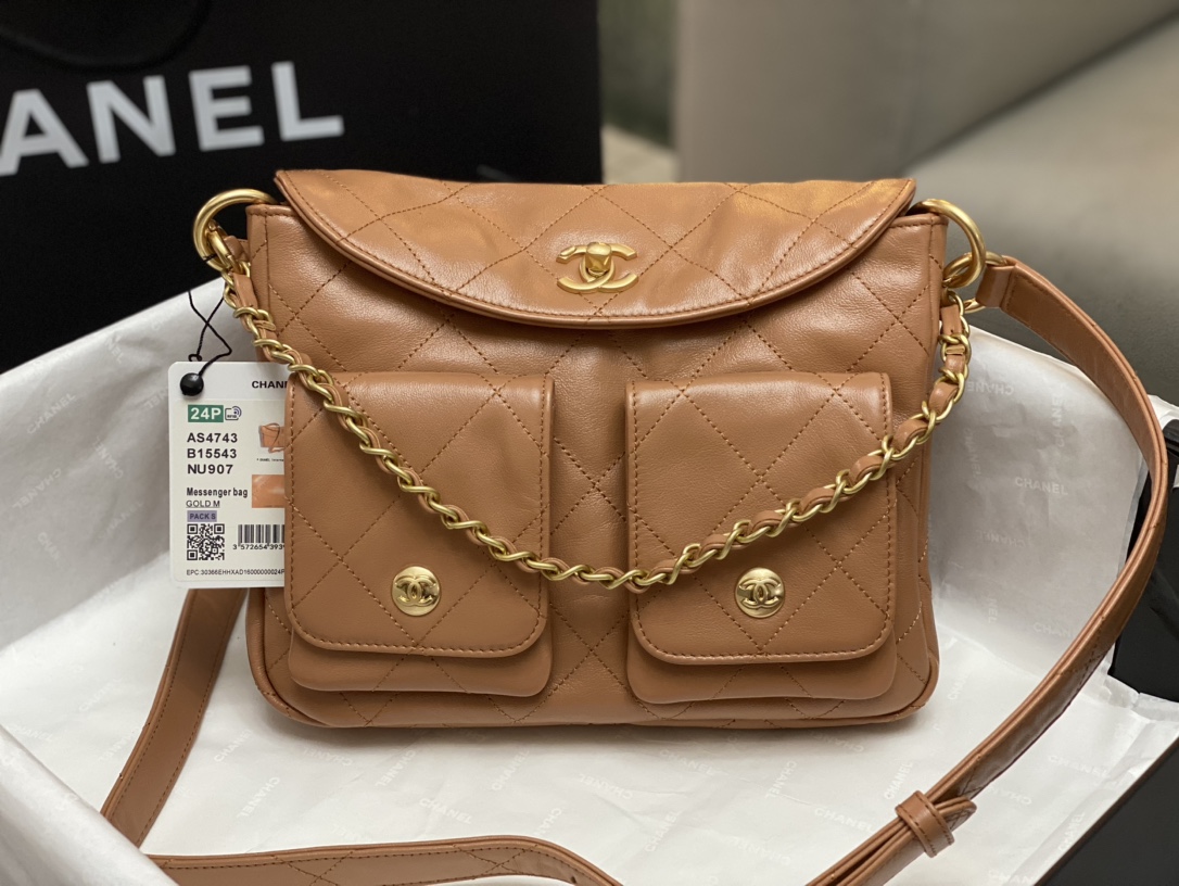 Bagsaaa Ch**el Hobo Bag Brown Camel AS4743 - 19 × 24.5 × 5 cm