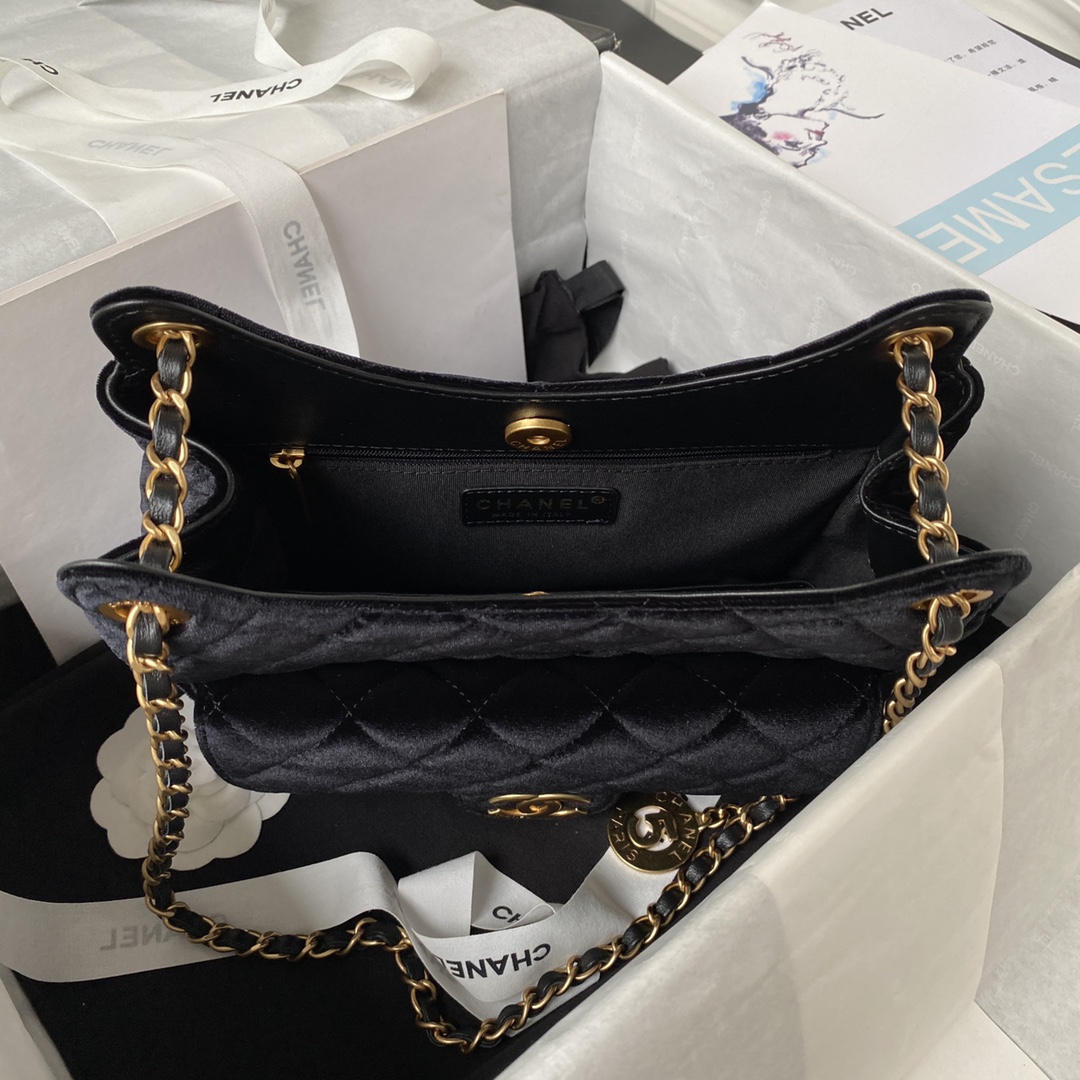 Bagsaaa Ch**el Hobo Handbag Black Velvet AS4322 - 21.5 × 22.5 × 7 cm