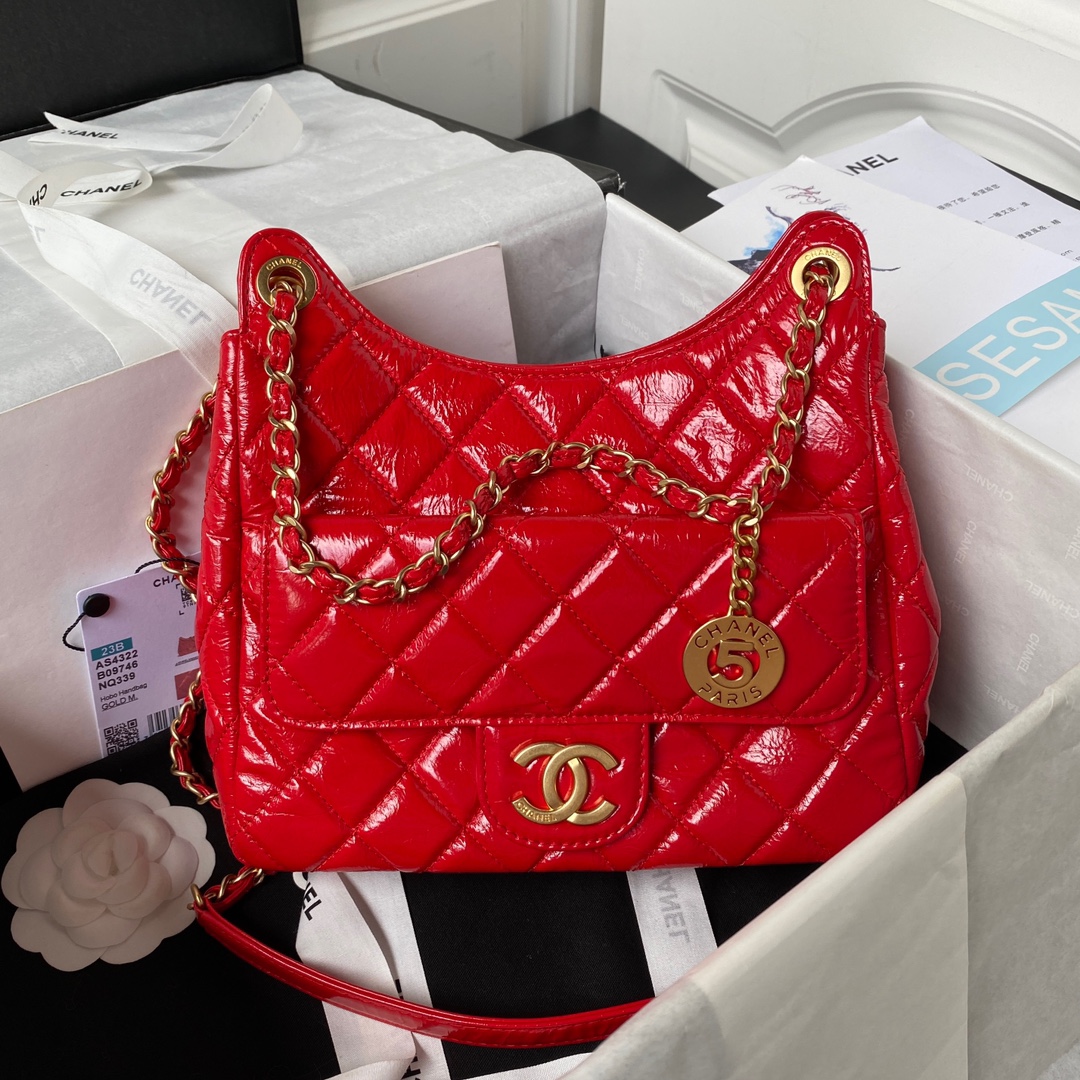 Bagsaaa Ch**el Hobo Handbag Shiny Crumpled Calfskin Red AS4322 - 21.5 × 22.5 × 7 cm