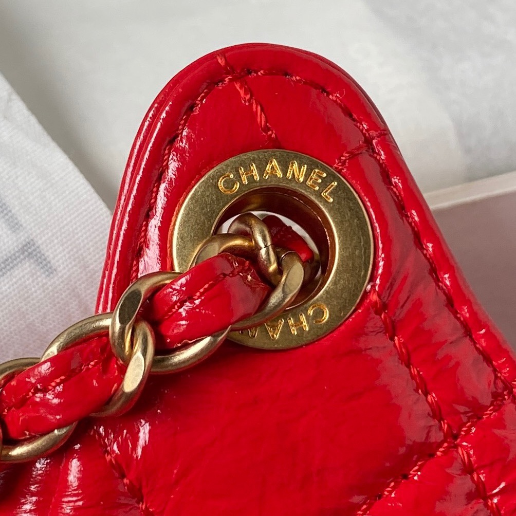 Bagsaaa Ch**el Hobo Handbag Shiny Crumpled Calfskin Red AS4322 - 21.5 × 22.5 × 7 cm