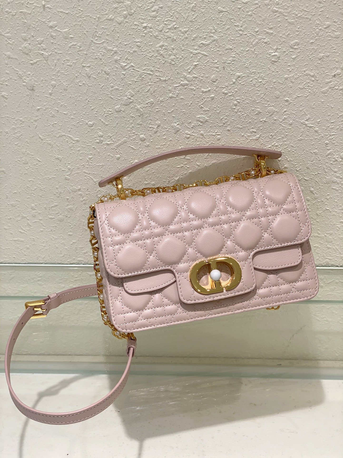 Bagsaaa Mini D10r Jolie Top Handle Bag Powder Pink Cannage Calfskin - 22 x 14 x 8 cm