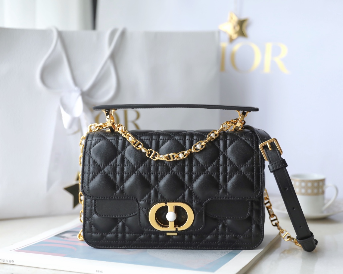 Bagsaaa Small D10r Jolie Top Handle Bag Black Cannage Calfskin - 22 x 14 x 8 cm