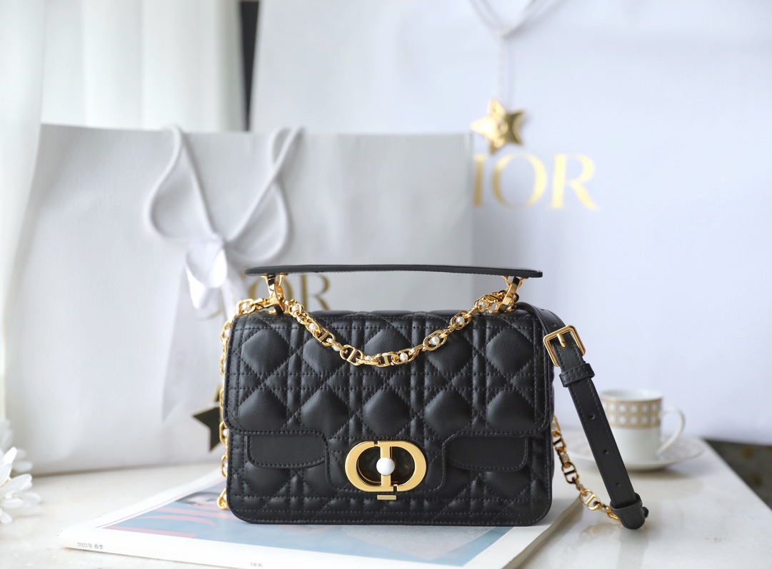 Bagsaaa Small D10r Jolie Top Handle Bag Black Cannage Calfskin - 22 x 14 x 8 cm