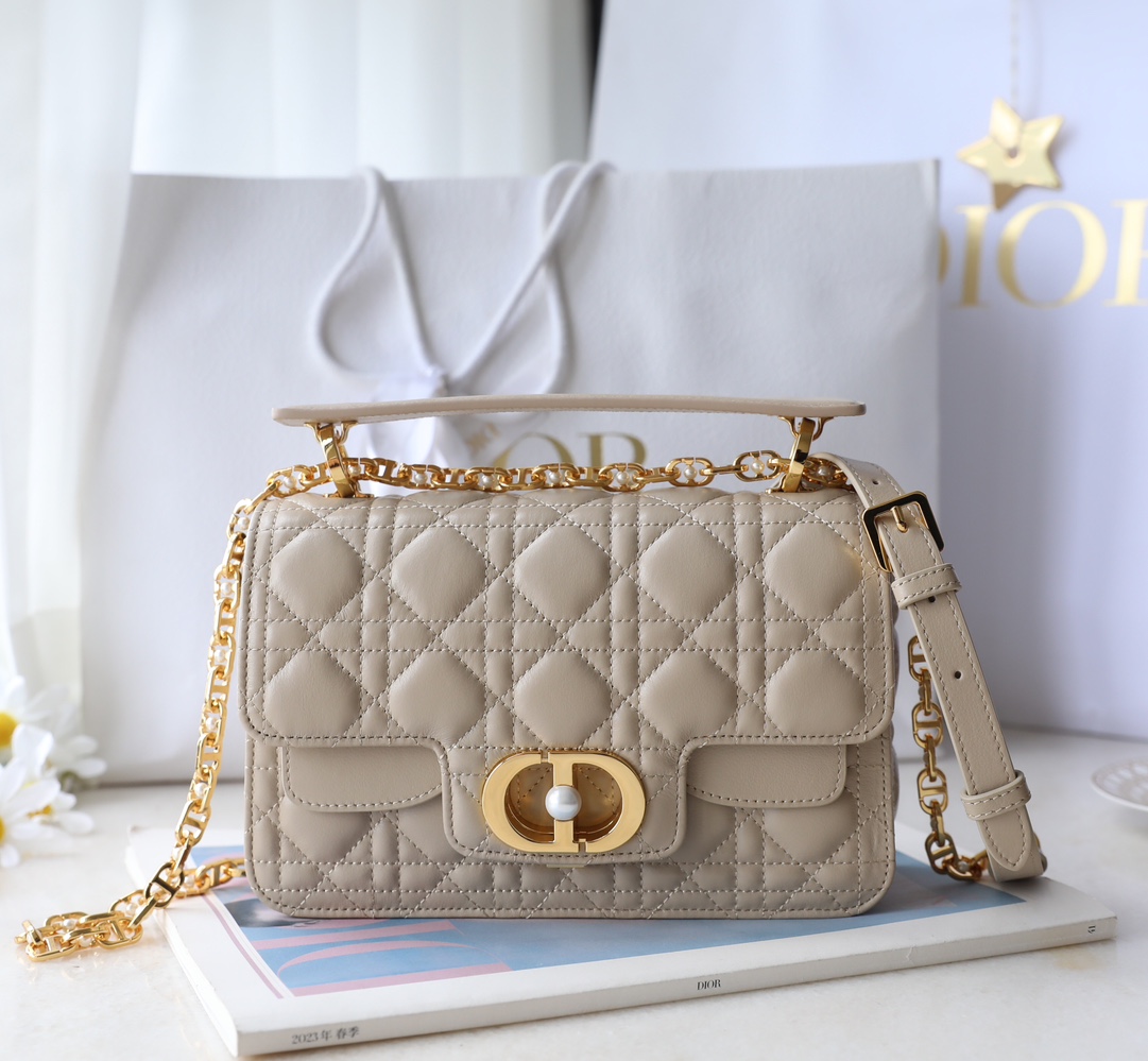 Bagsaaa Small D10r Jolie Top Handle Bag Beige Cannage Calfskin - 22 x 14 x 8 cm