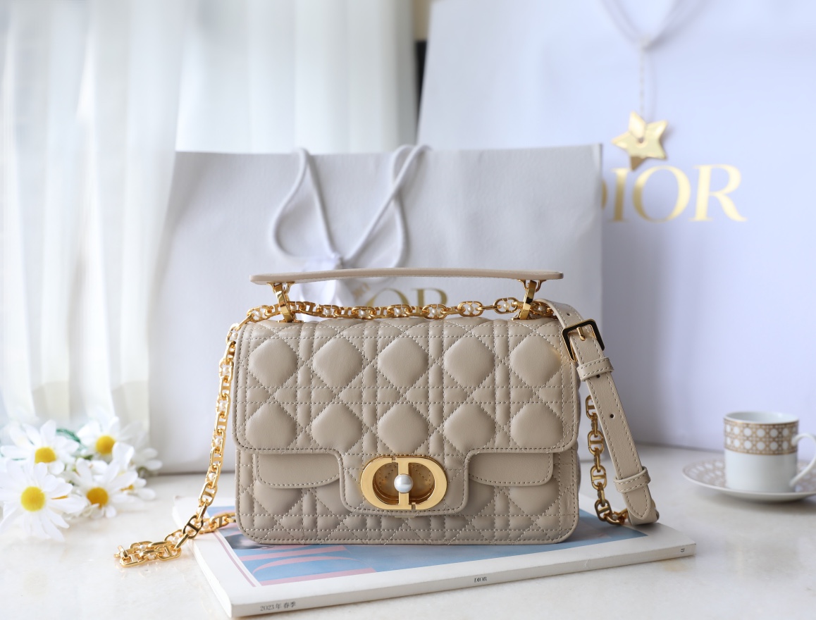 Bagsaaa Small D10r Jolie Top Handle Bag Beige Cannage Calfskin - 22 x 14 x 8 cm