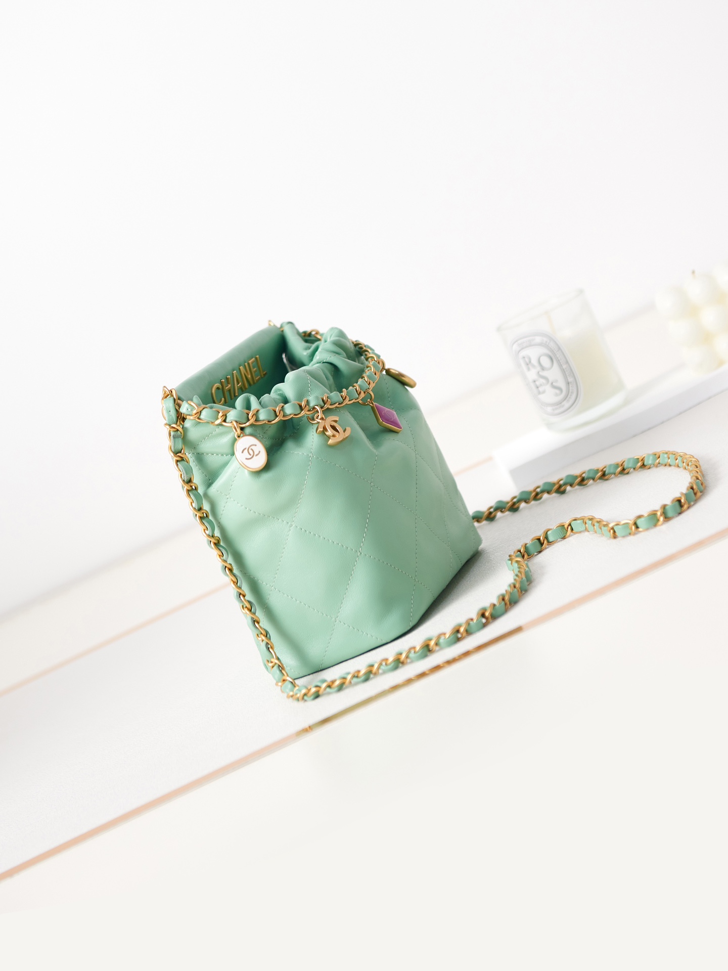 Bagsaaa Ch**el Small Bucket Bag AS3793 Light Green - 17×16×7 cm