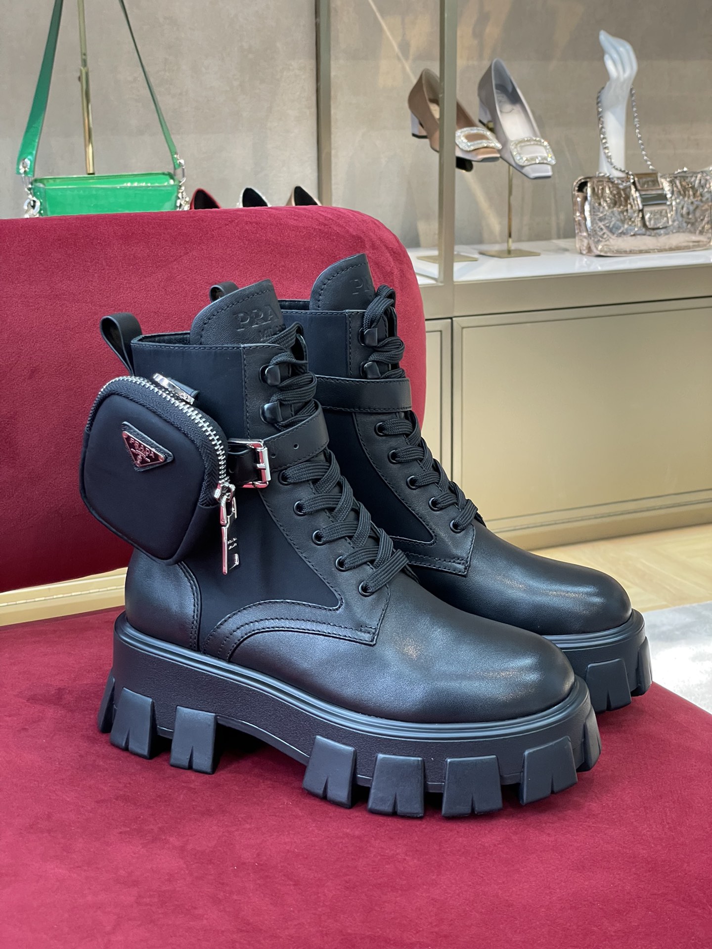 Bagsaaa Pra*a Monolith Brushed Leather And Re-Nylon Boots With Pouch Black