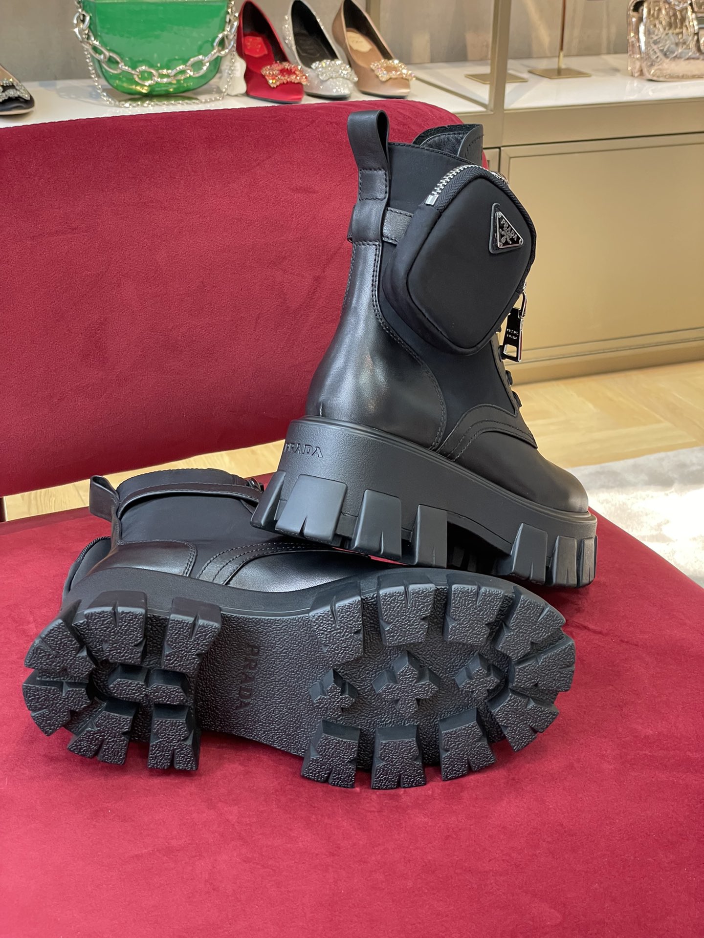 Bagsaaa Pra*a Monolith Brushed Leather And Re-Nylon Boots With Pouch Black