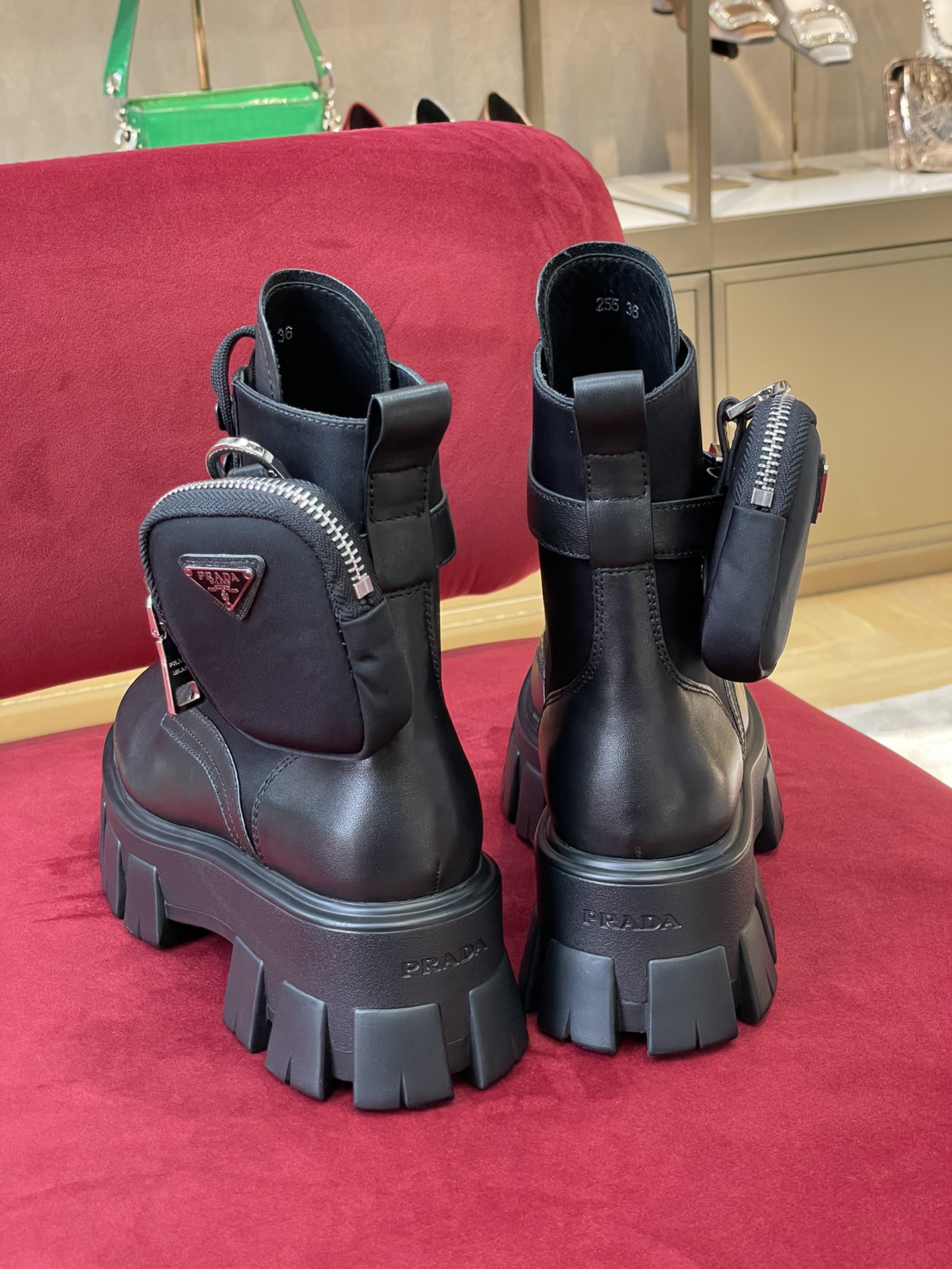Bagsaaa Pra*a Monolith Brushed Leather And Re-Nylon Boots With Pouch Black