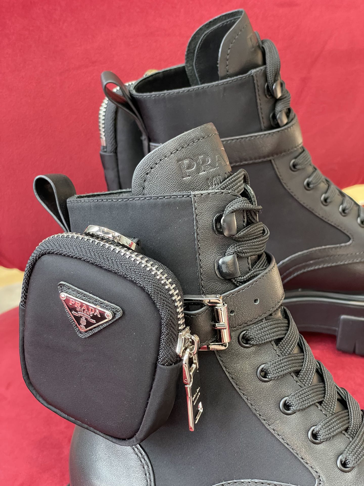 Bagsaaa Pra*a Monolith Brushed Leather And Re-Nylon Boots With Pouch Black
