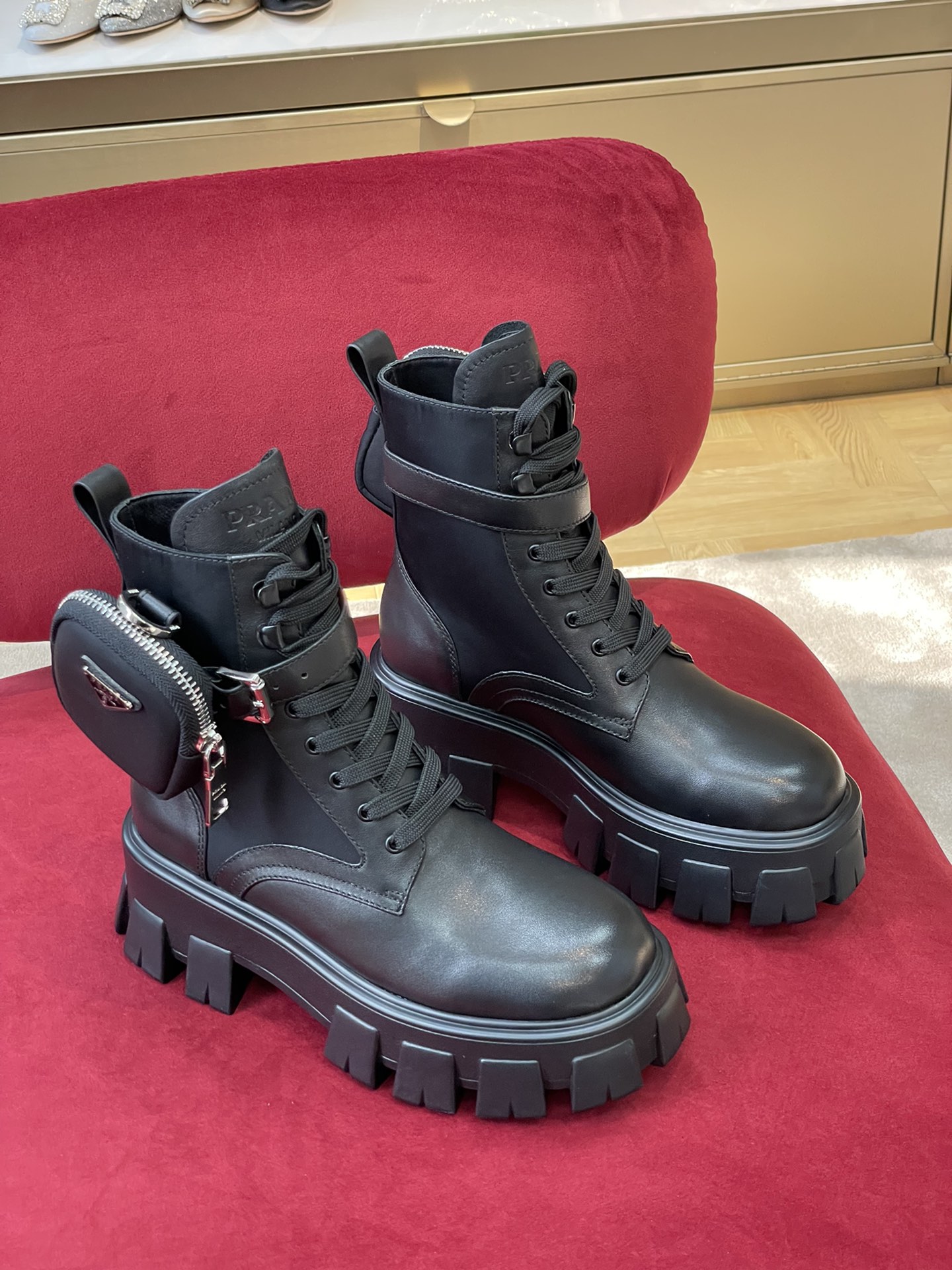 Bagsaaa Pra*a Monolith Brushed Leather And Re-Nylon Boots With Pouch Black
