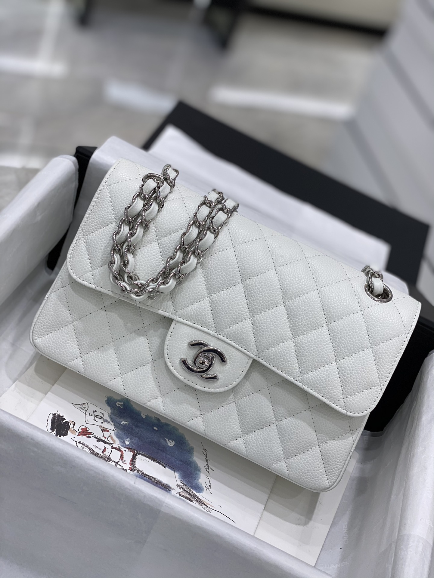 Bagsaaa Ch**el Small Flap Bag White Caviar Silver Hardware - 23.5 cm
