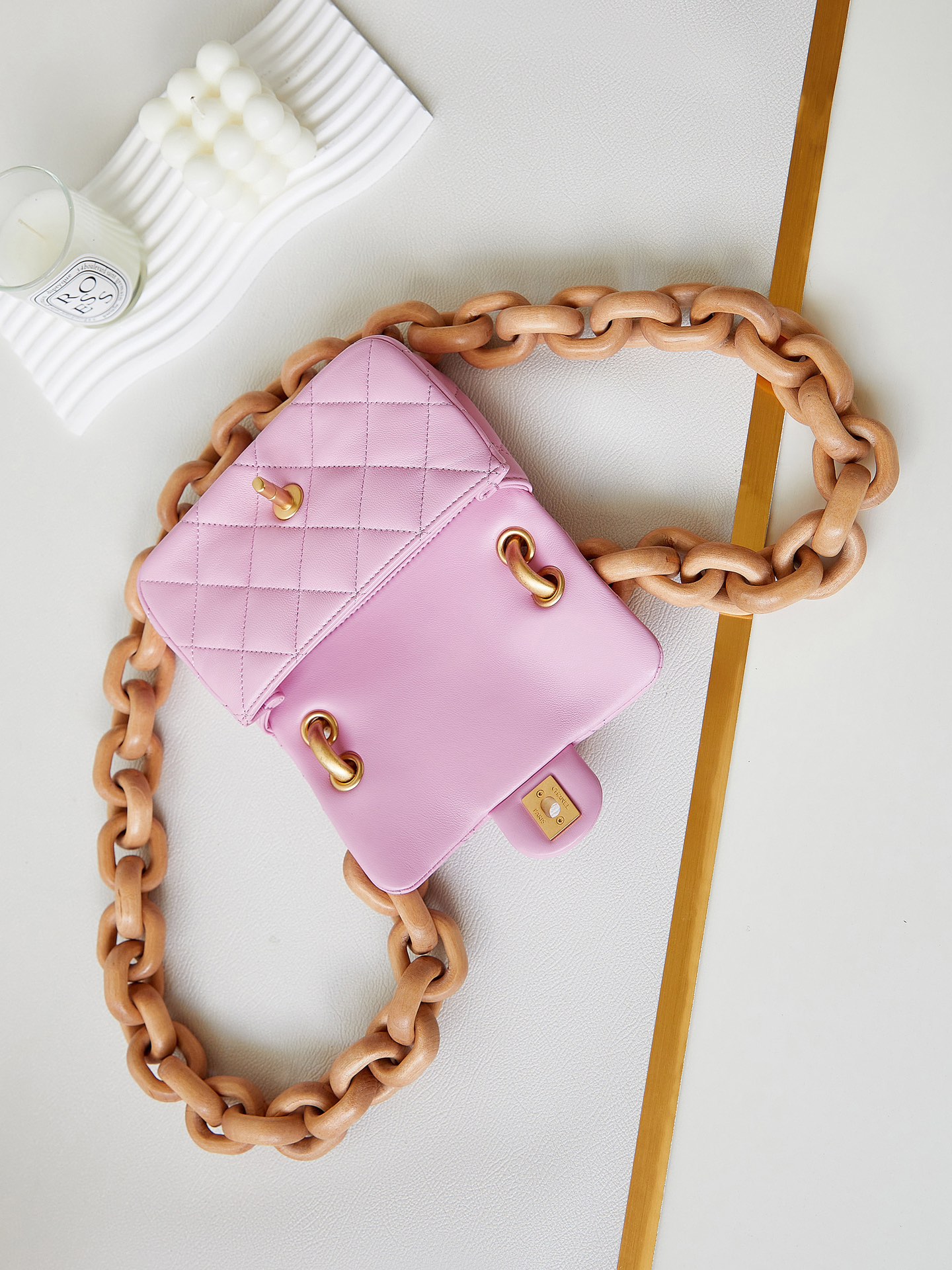 Bagsaaa Ch**el Mini Flap Bag Lambskin & Wenge Wood Pink AS4165 - 11 × 18 × 7 cm