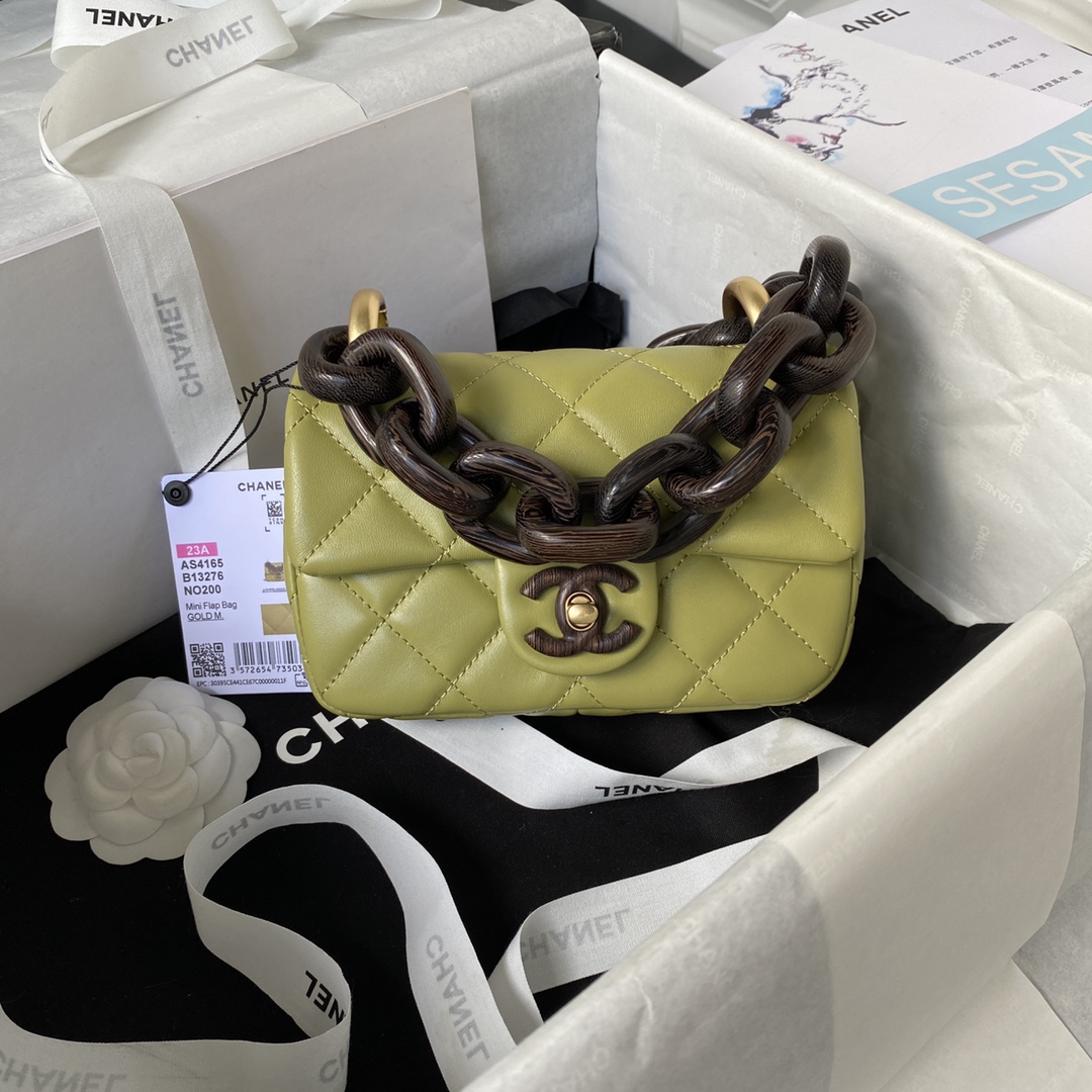 Bagsaaa Ch**el Mini Flap Bag Lambskin & Wenge Wood Green AS4165 - 11 × 18 × 7 cm