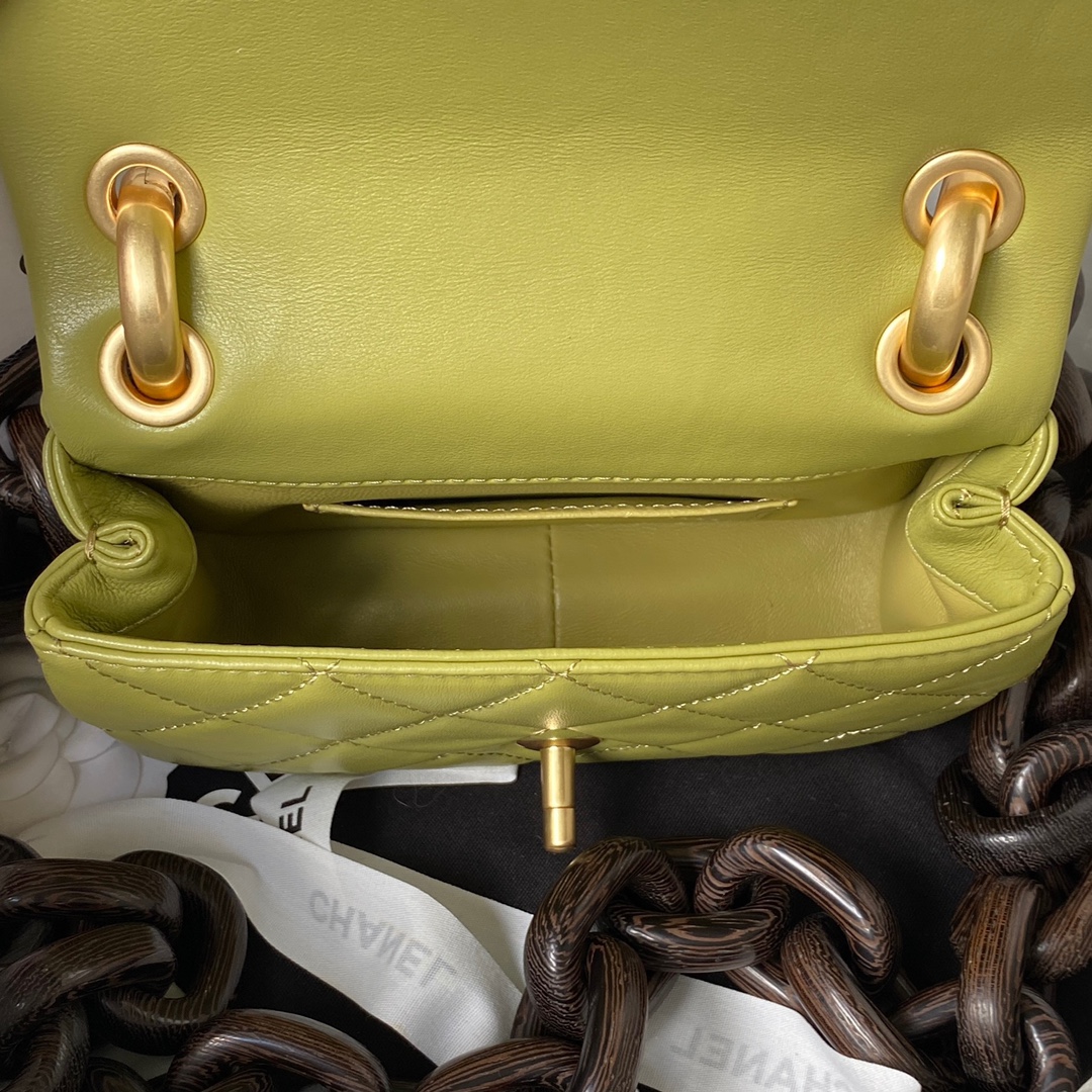 Bagsaaa Ch**el Mini Flap Bag Lambskin & Wenge Wood Green AS4165 - 11 × 18 × 7 cm