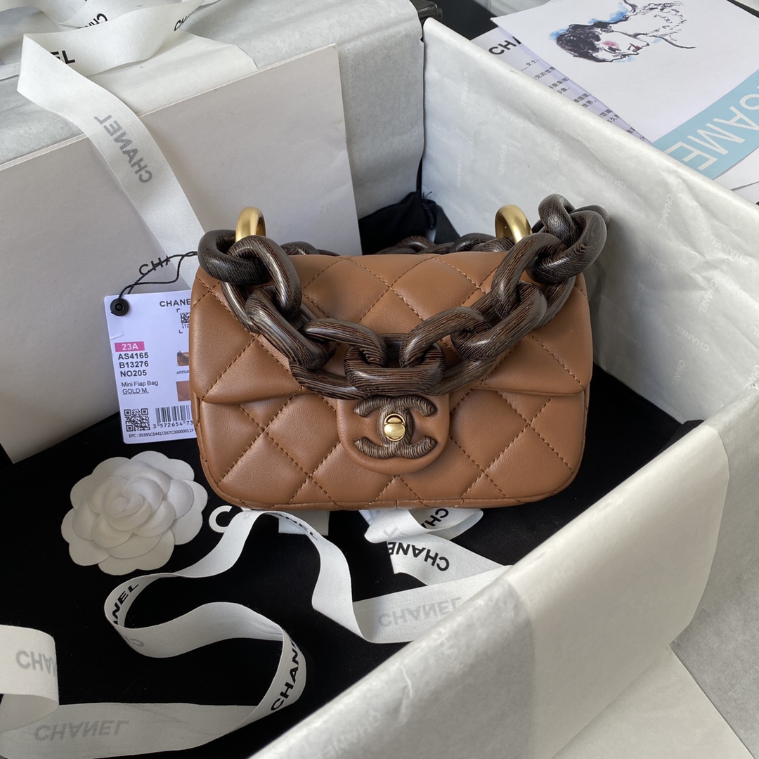 Bagsaaa Ch**el Mini Flap Bag Lambskin & Wenge Wood Brown AS4165 - 11 × 18 × 7 cm