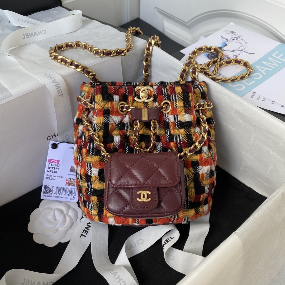 Bagsaaa Ch**el Small Backpack Wool Tweed AS3947 - 16.5 × 17 × 12 cm