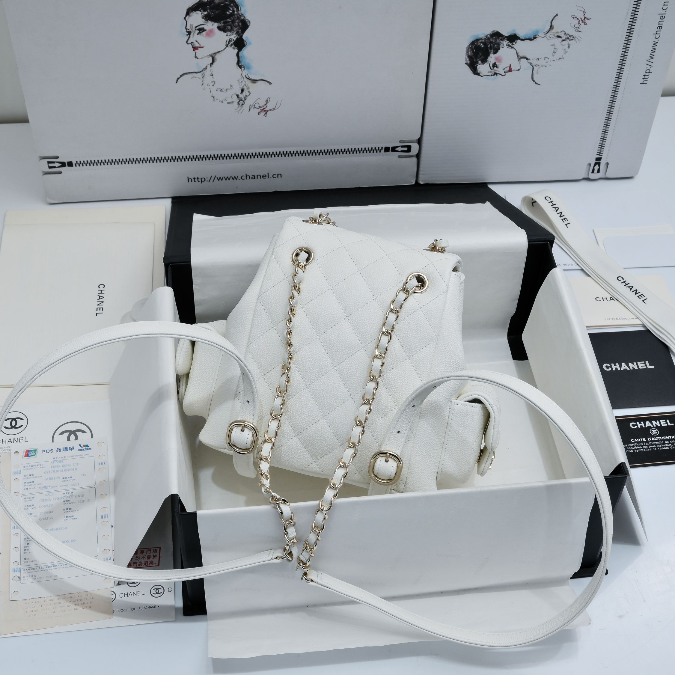 Bagsaaa Ch**el Small Backpack White AS4399 - 19.5 × 18 × 10 cm