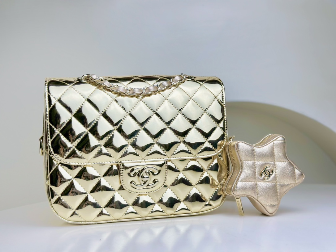 Bagsaaa Ch**el Backpack & Star Coin Purse AS4649 Light Gold - 18.5 × 23.5 × 8.5 cm
