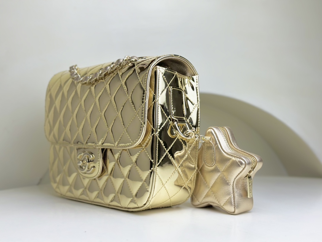 Bagsaaa Ch**el Backpack & Star Coin Purse AS4649 Light Gold - 18.5 × 23.5 × 8.5 cm