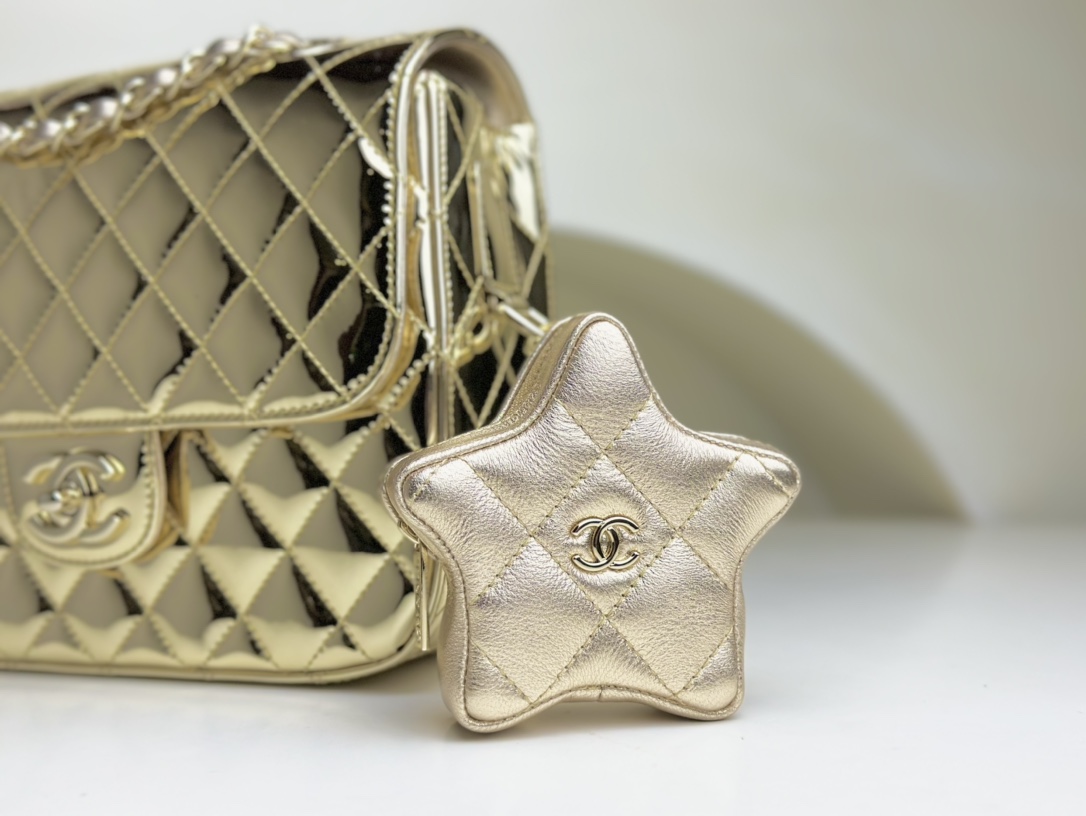 Bagsaaa Ch**el Backpack & Star Coin Purse AS4649 Light Gold - 18.5 × 23.5 × 8.5 cm