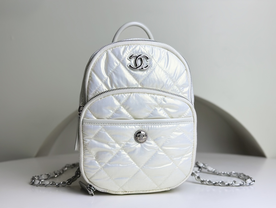 Bagsaaa Ch**el Backpack AS4366 Nylon & Silver-Tone Metal White - 22 × 18 × 10 cm