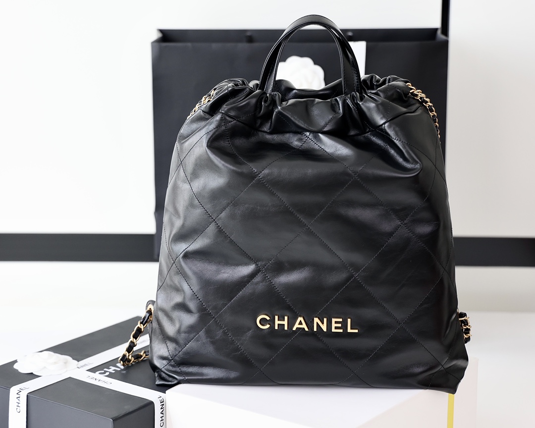 Bagsaaa Ch**el Large Backpack Ch**el 22 Black & Gold AS3313 - 51 × 40 × 9 cm