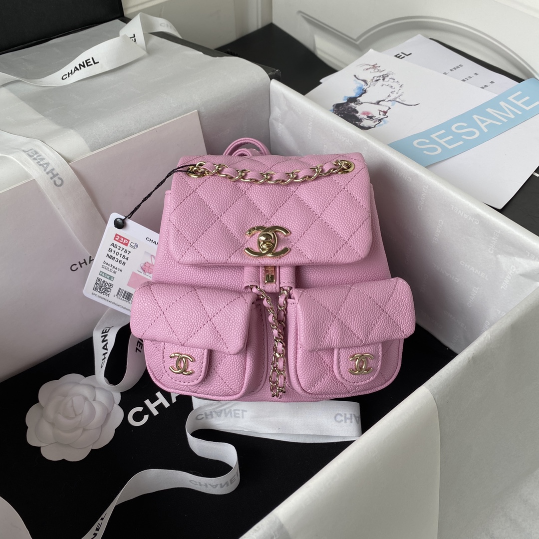 Bagsaaa Ch**el Small Backpack Grained Shiny Calfskin AS3787 Pink - 17.5-16.5-10 cm