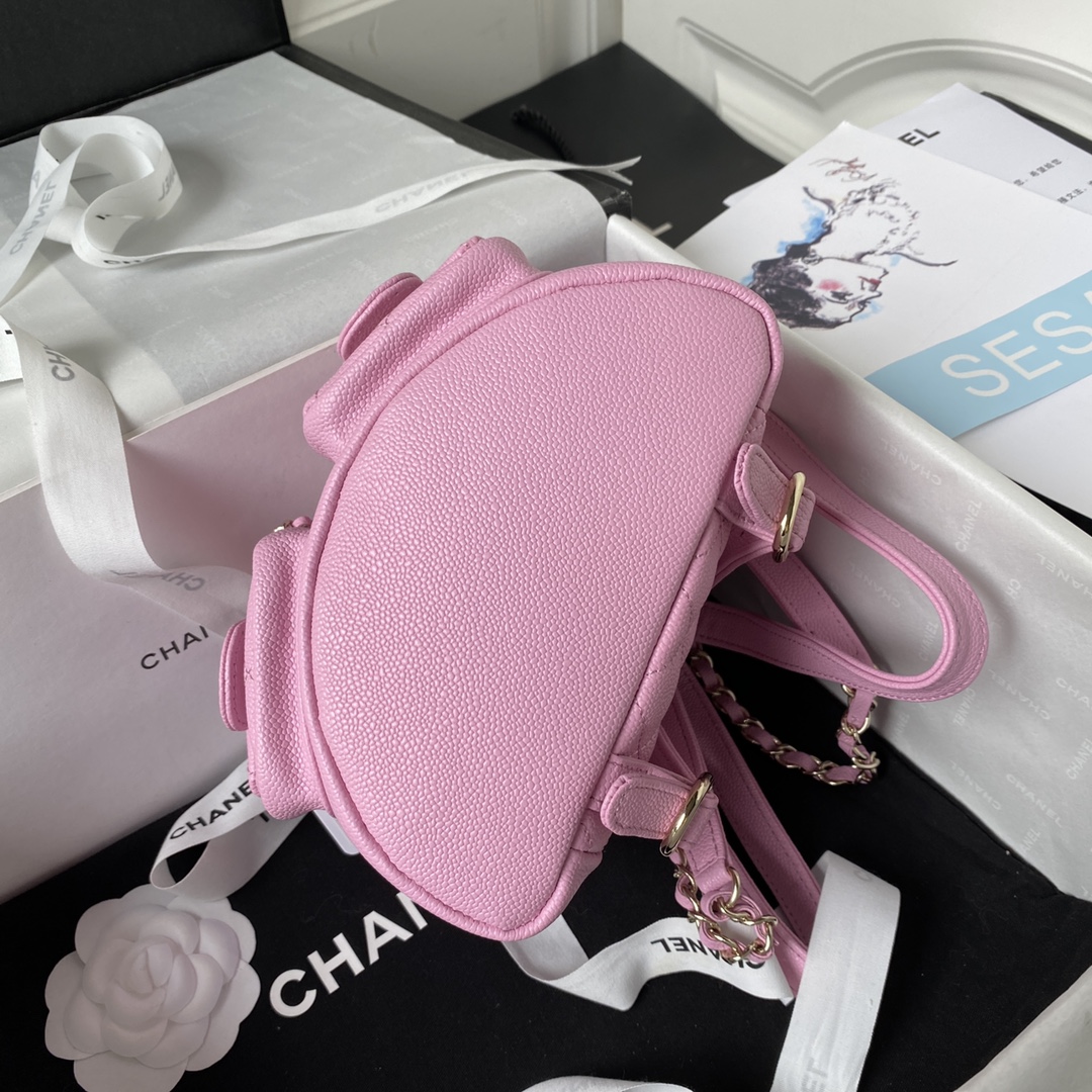 Bagsaaa Ch**el Small Backpack Grained Shiny Calfskin AS3787 Pink - 17.5-16.5-10 cm