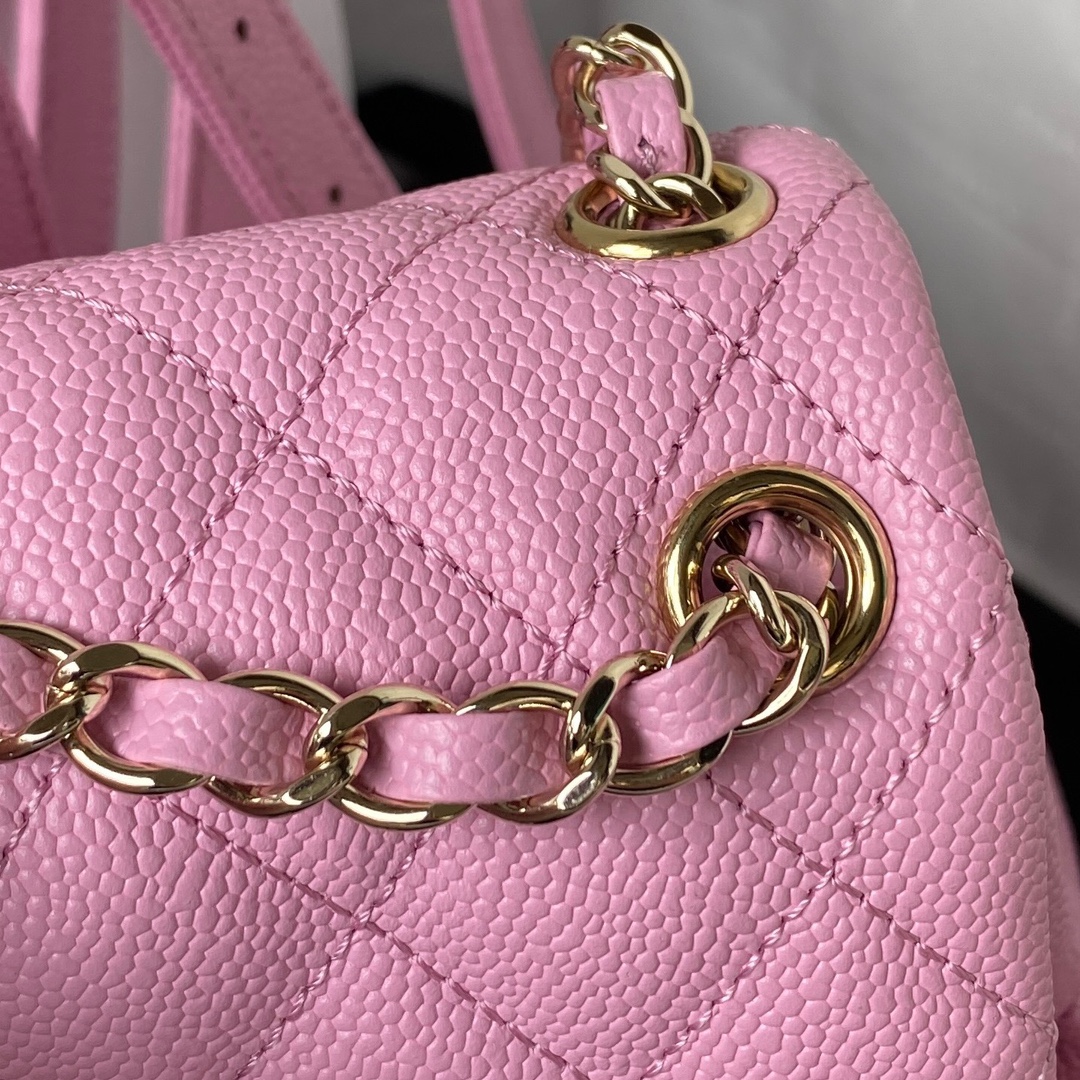 Bagsaaa Ch**el Small Backpack Grained Shiny Calfskin AS3787 Pink - 17.5-16.5-10 cm