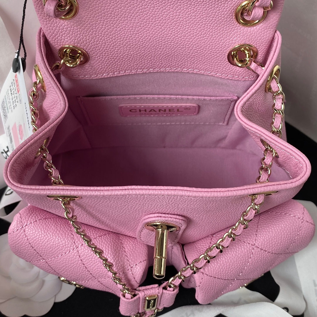 Bagsaaa Ch**el Small Backpack Grained Shiny Calfskin AS3787 Pink - 17.5-16.5-10 cm