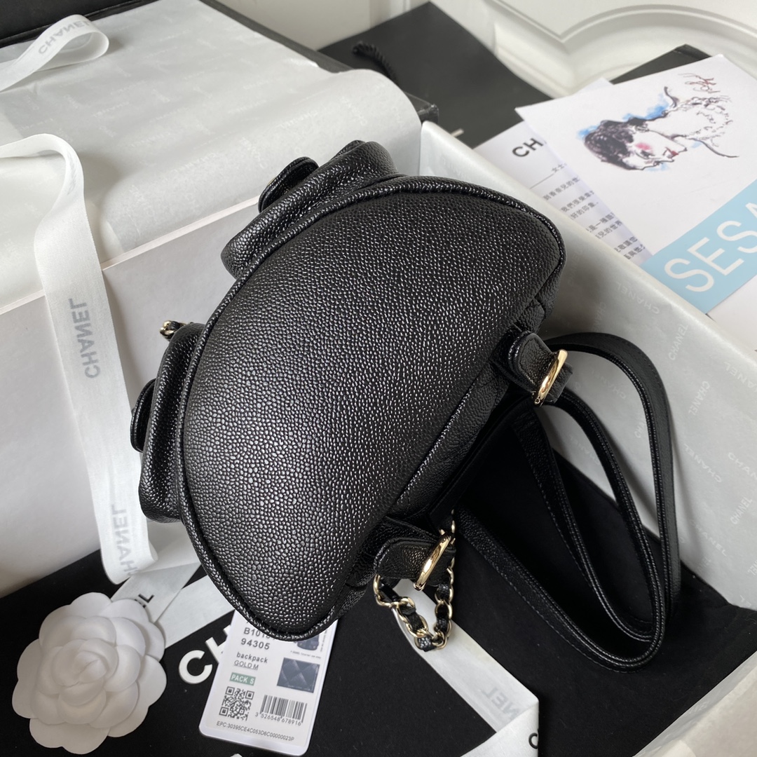 Bagsaaa Ch**el Small Backpack Grained Shiny Calfskin AS3787 Black - 17.5-16.5-10 cm