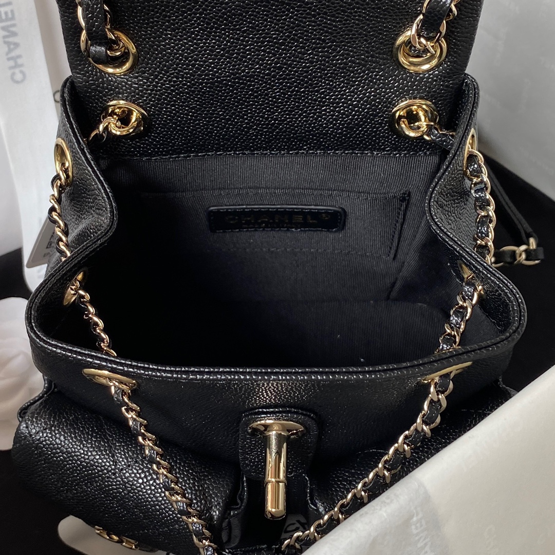 Bagsaaa Ch**el Small Backpack Grained Shiny Calfskin AS3787 Black - 17.5-16.5-10 cm