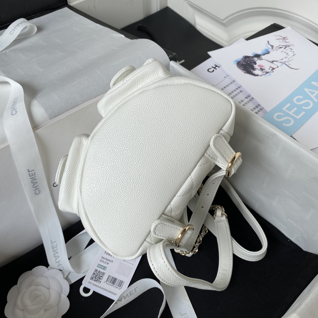 Bagsaaa Ch**el Small Backpack Grained Shiny Calfskin AS3787 White - 17.5-16.5-10 cm