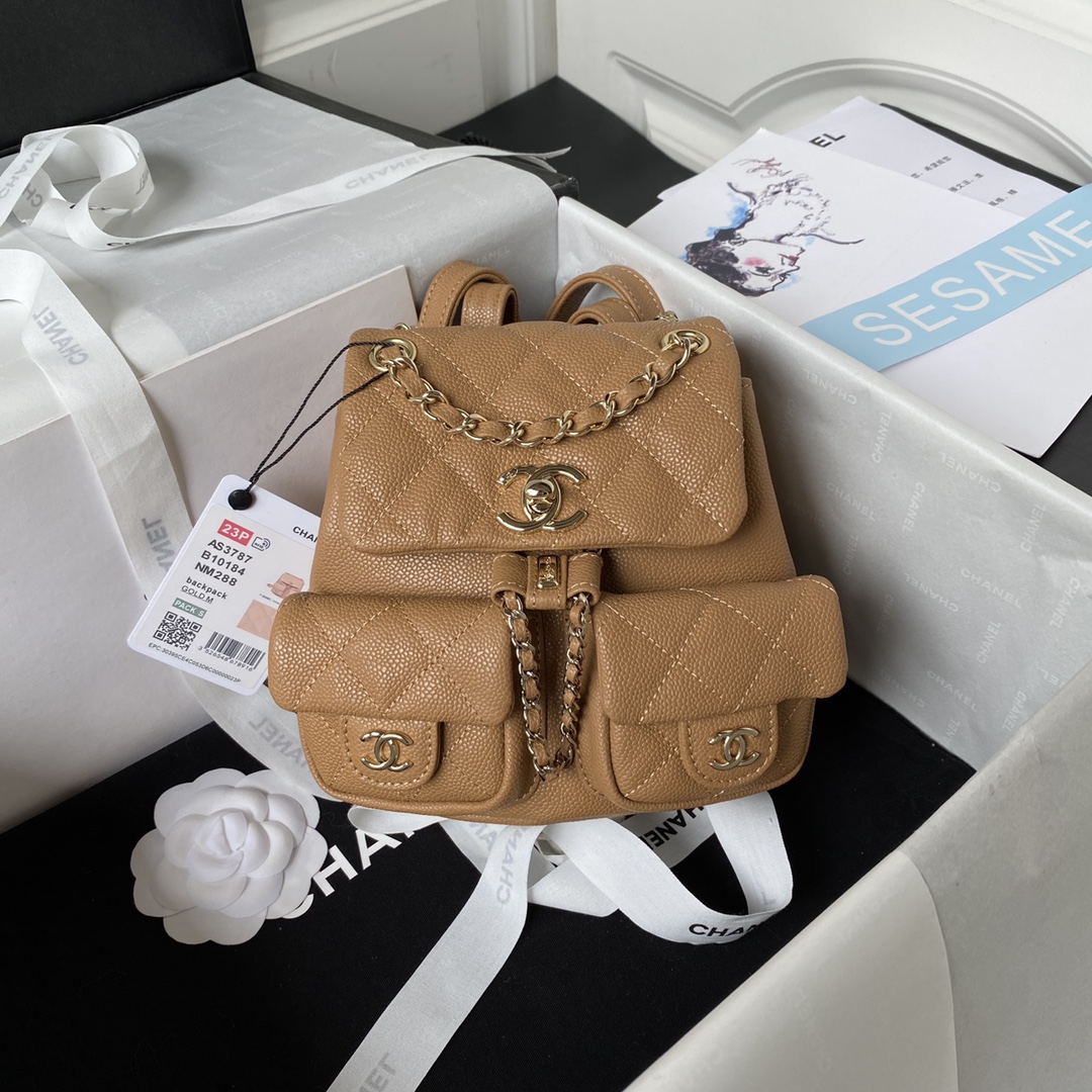 Bagsaaa Ch**el Small Backpack Grained Shiny Calfskin AS3787 Brown - 17.5-16.5-10 cm