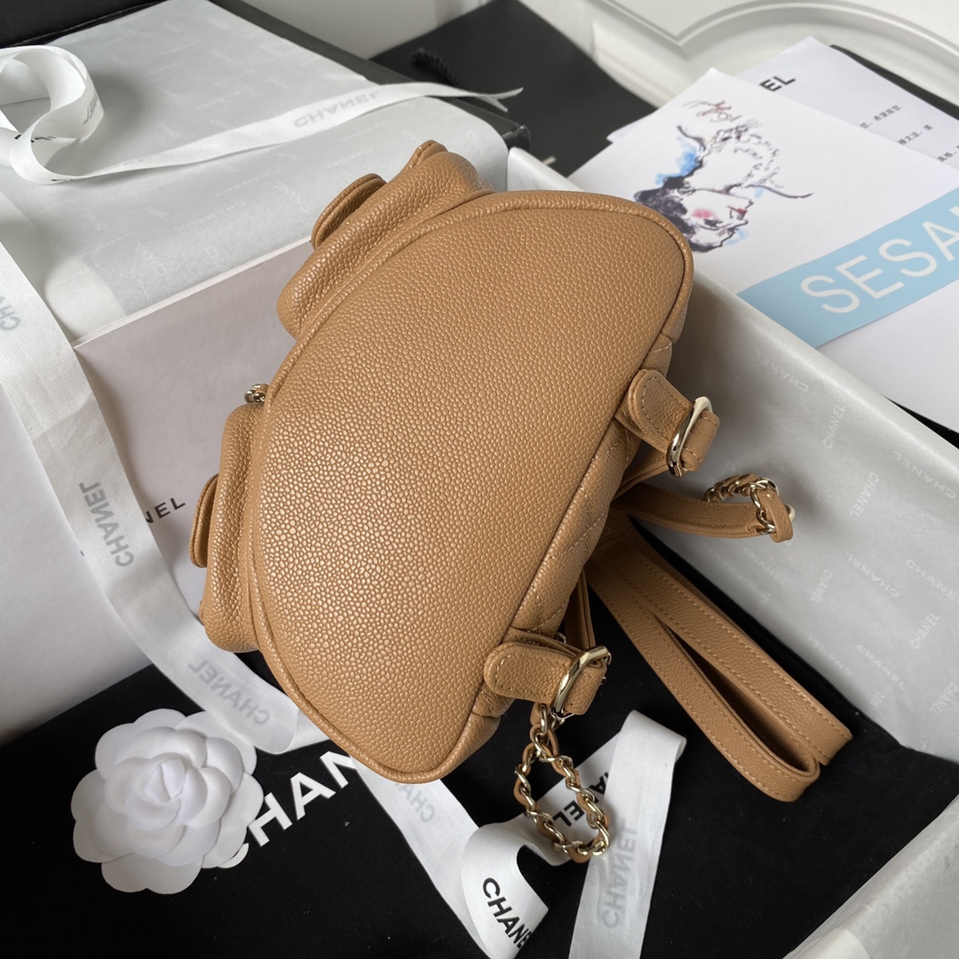 Bagsaaa Ch**el Small Backpack Grained Shiny Calfskin AS3787 Brown - 17.5-16.5-10 cm