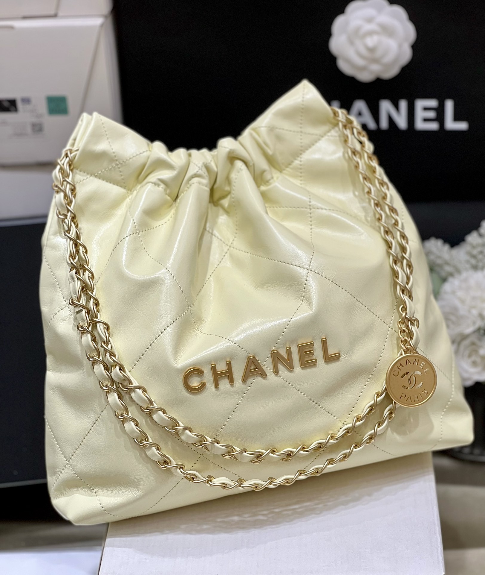 Bagsaaa Ch**el 22 Small Handbag Light Yellow AS3260 - 35 × 37 × 7 cm