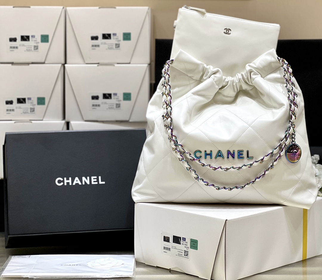 Bagsaaa Ch**el 22 Small Handbag White & Rainbow Logo AS3260 - 35 × 37 × 7 cm