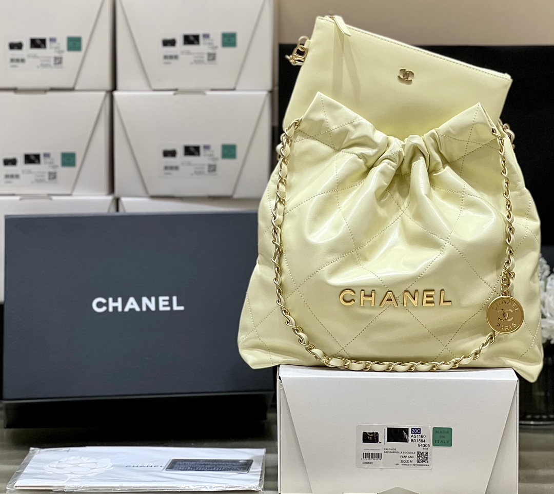 Bagsaaa Ch**el 22 Small Handbag Light Yellow AS3260 - 35 × 37 × 7 cm