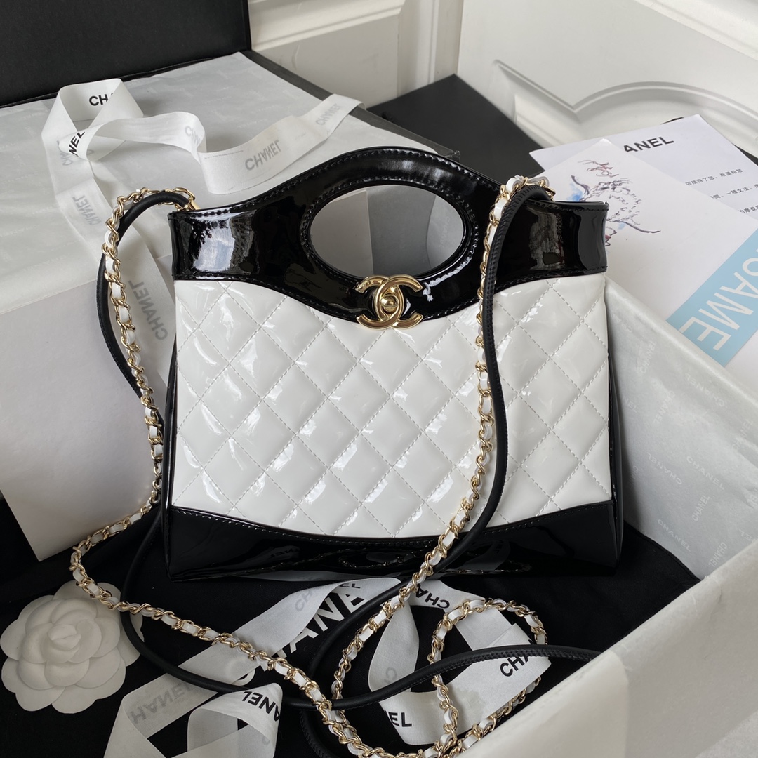 Bagsaaa Ch**el 31 Mini Shopping Bag AS4133 White & Black Patent Calfskin - 22 × 23 × 5.5 cm