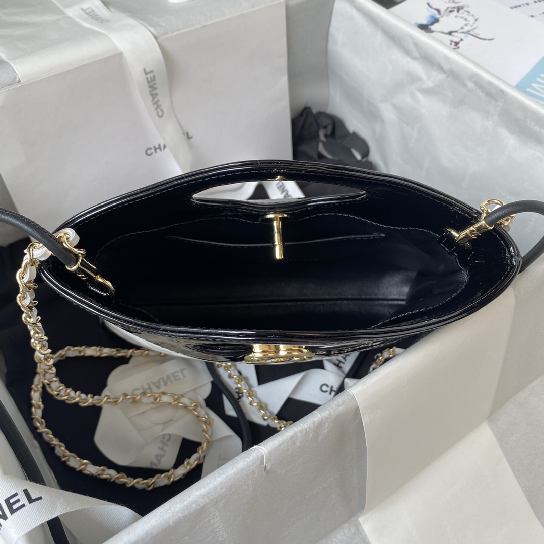 Bagsaaa Ch**el 31 Mini Shopping Bag AS4133 White & Black Patent Calfskin - 22 × 23 × 5.5 cm