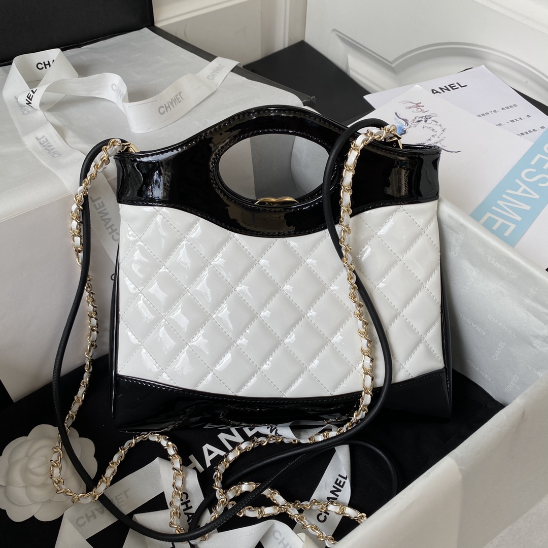 Bagsaaa Ch**el 31 Mini Shopping Bag AS4133 White & Black Patent Calfskin - 22 × 23 × 5.5 cm