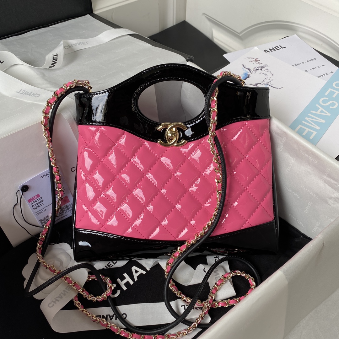 Bagsaaa Ch**el 31 Mini Shopping Bag AS4133 Pink & Black Patent Calfskin - 22 × 23 × 5.5 cm