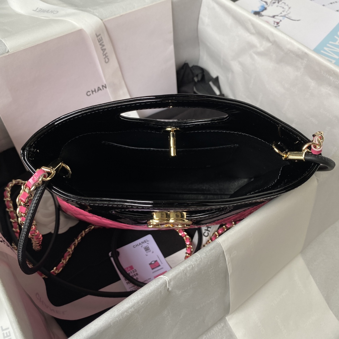 Bagsaaa Ch**el 31 Mini Shopping Bag AS4133 Pink & Black Patent Calfskin - 22 × 23 × 5.5 cm