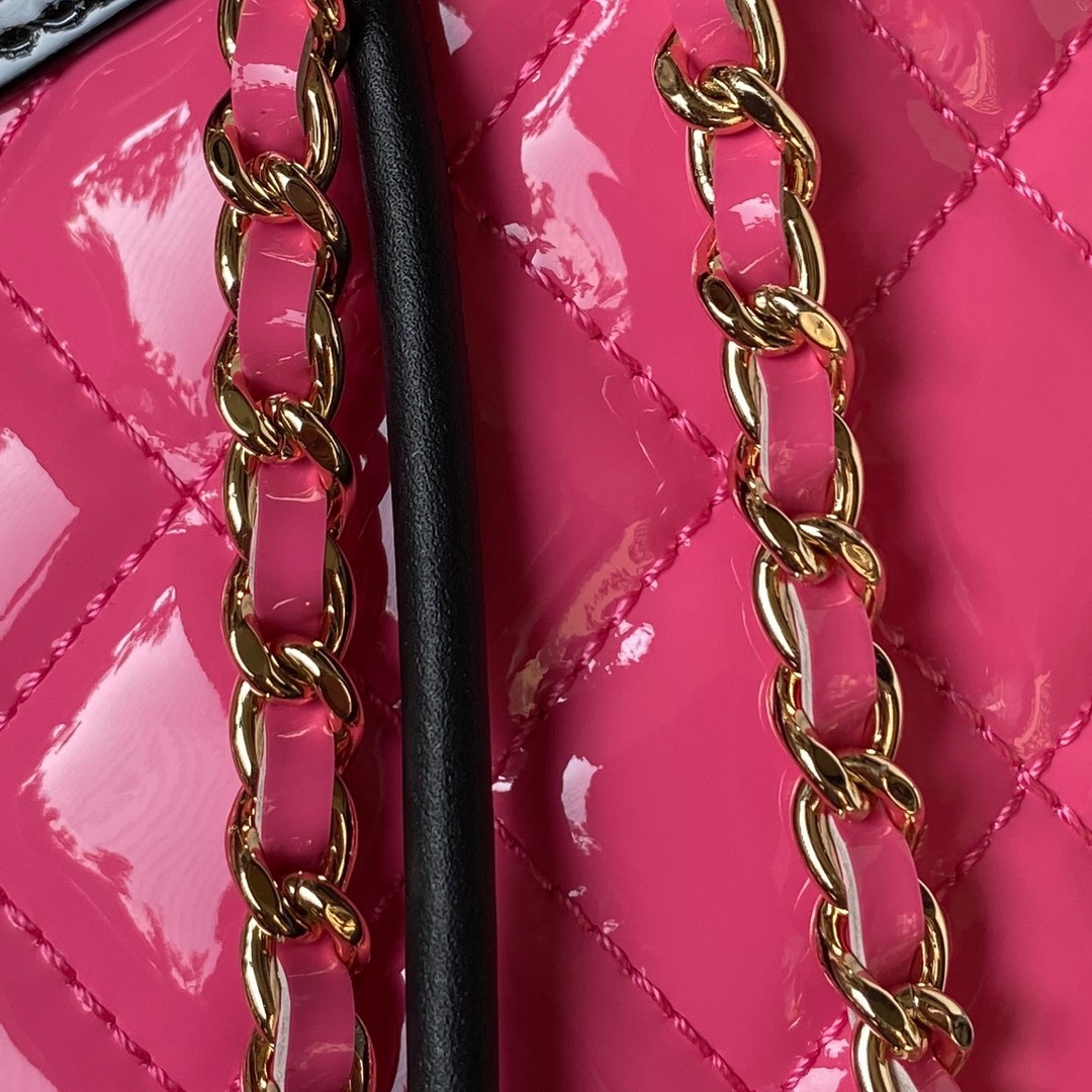Bagsaaa Ch**el 31 Mini Shopping Bag AS4133 Pink & Black Patent Calfskin - 22 × 23 × 5.5 cm
