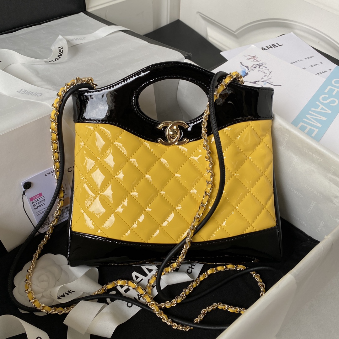 Bagsaaa Ch**el 31 Mini Shopping Bag AS4133 Yellow & Black Patent Calfskin - 22 × 23 × 5.5 cm